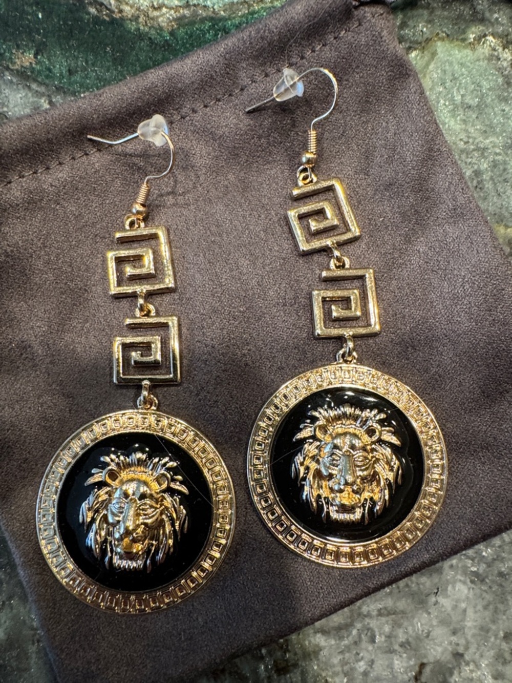Gold and Black Lion Medallion Drop Earrings - Women Jewelry